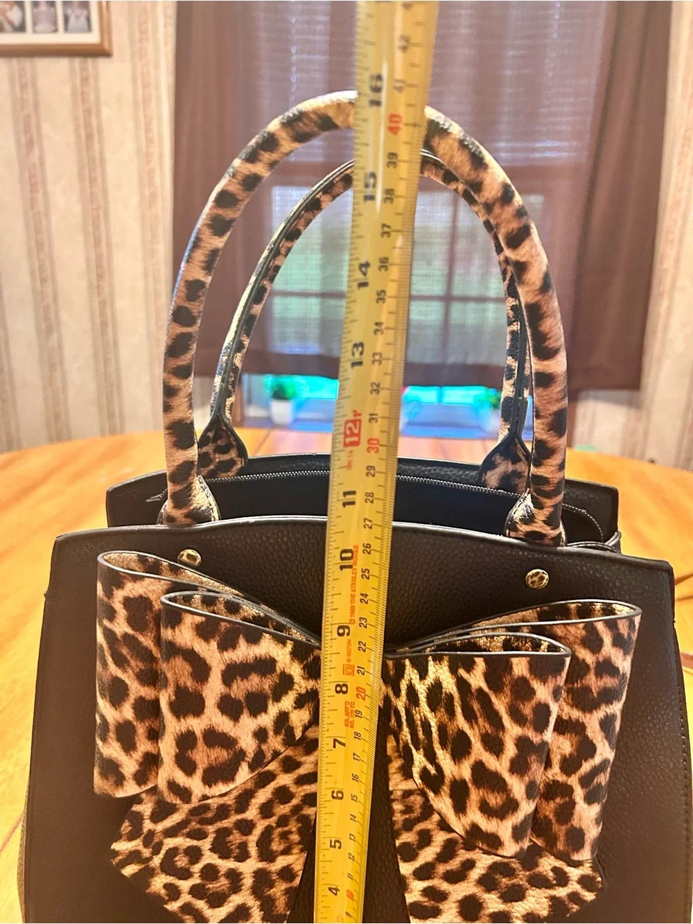 Crossi Chic Black Satchel with Leopard Bow Accent